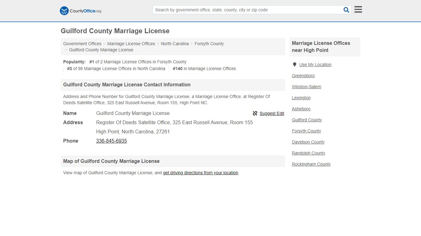 Guilford County Marriage License - High Point, NC (Address and Phone)