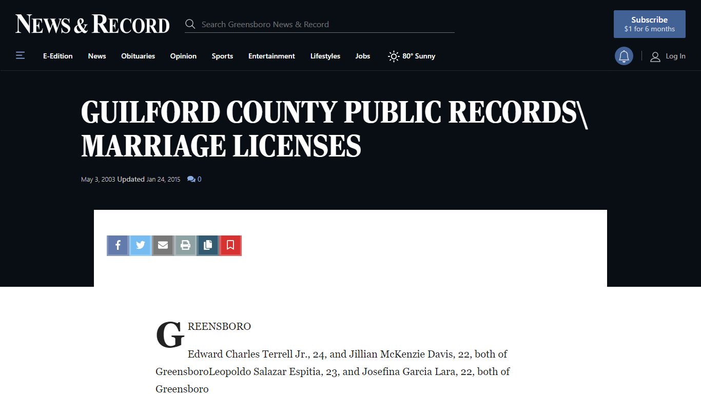 GUILFORD COUNTY PUBLIC RECORDS\\ MARRIAGE LICENSES